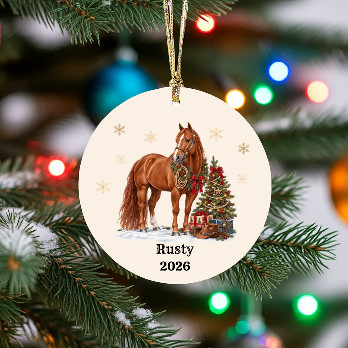 Personalized Horse Christmas Ornament, Custom Horse Photo Portrait, Western Cowboy Ceramic Ornament, Horse Name and Year, Equestrian Gift