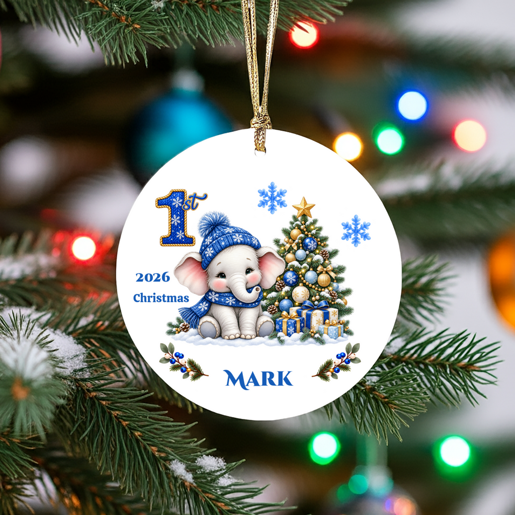 Elephant Baby Personalized Christmas Ornament Blue, Baby's 1st 2nd 3rd Christmas, Custom Name Year Ceramic Keepsake, Girl Gift