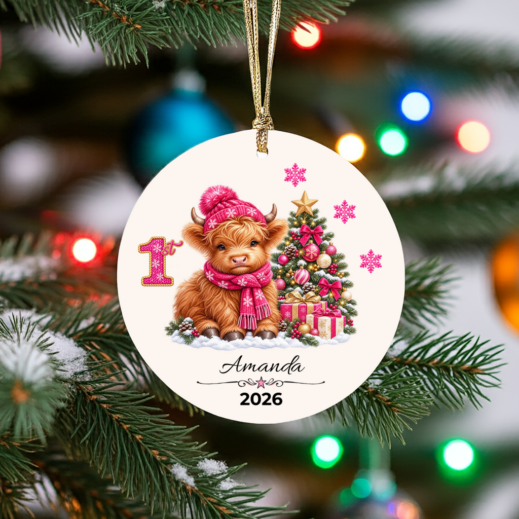 Personalized Christmas Ornament – Pink Girl Highland Cow First, Second, Third Christmas 2026, Custom Name Keepsake, 3 Inch Ceramic Holiday Decor