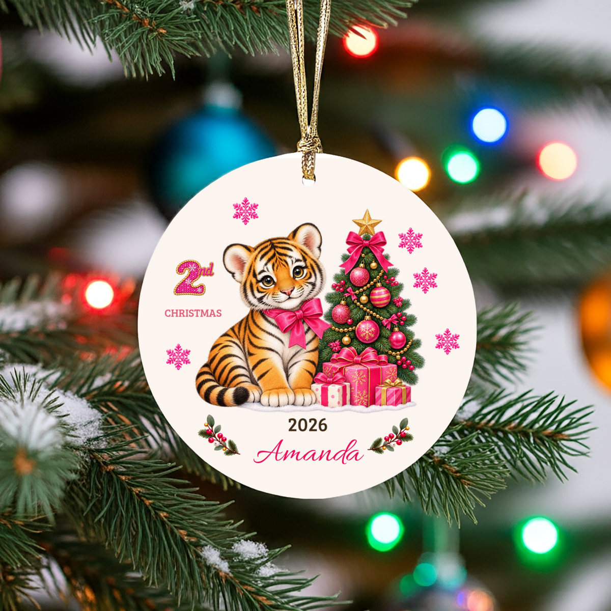 Personalized Baby Tiger Christmas Ornament, Baby's 1st to 10th Christmas Keepsake, Custom Name and Year, Pink or Blue, Ceramic Gift