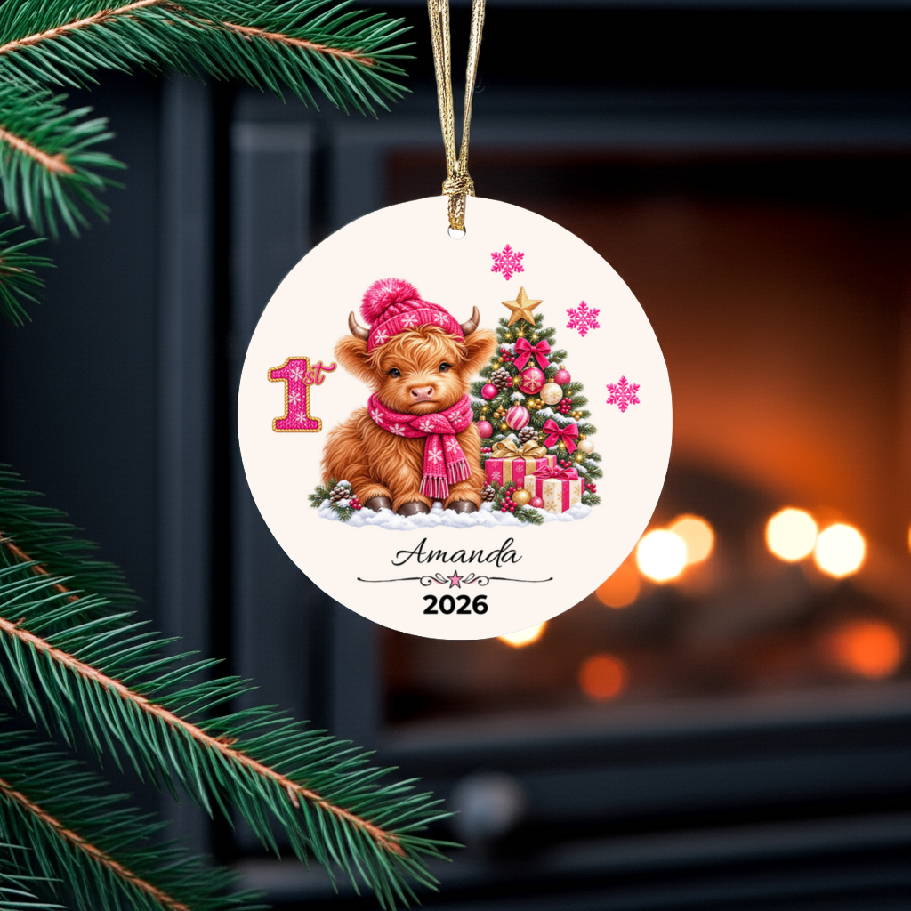 Personalized Christmas Ornament – Pink Girl Highland Cow First, Second, Third Christmas 2026, Custom Name Keepsake, 3 Inch Ceramic Holiday Decor