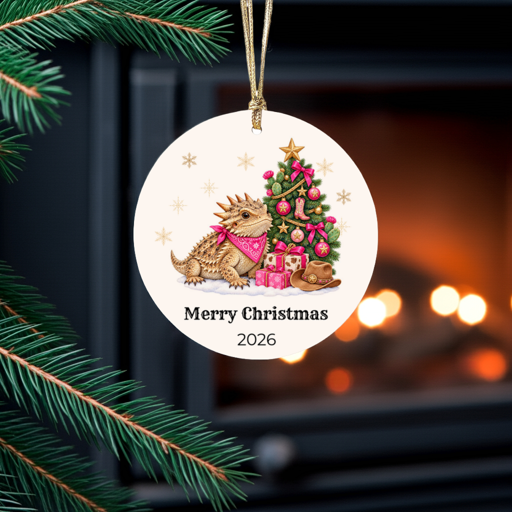 Personalized Horny Toad Christmas Ornament, Texas Horned Lizard, Western Cowboy Cowgirl Decor, Blue or Pink, Custom Name Year Gift