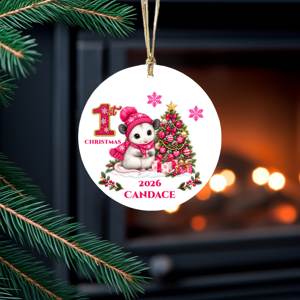 Opossum Baby Personalized Christmas Ornament, Baby's 1st 2nd 3rd Christmas, Custom Name Year Ceramic Keepsake, Boy Gift