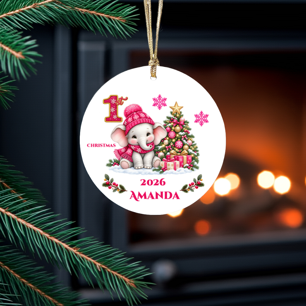 Elephant Baby Personalized Christmas Ornament, Baby's 1st 2nd 3rd Christmas, Custom Name Year Ceramic Keepsake, Girl Gift