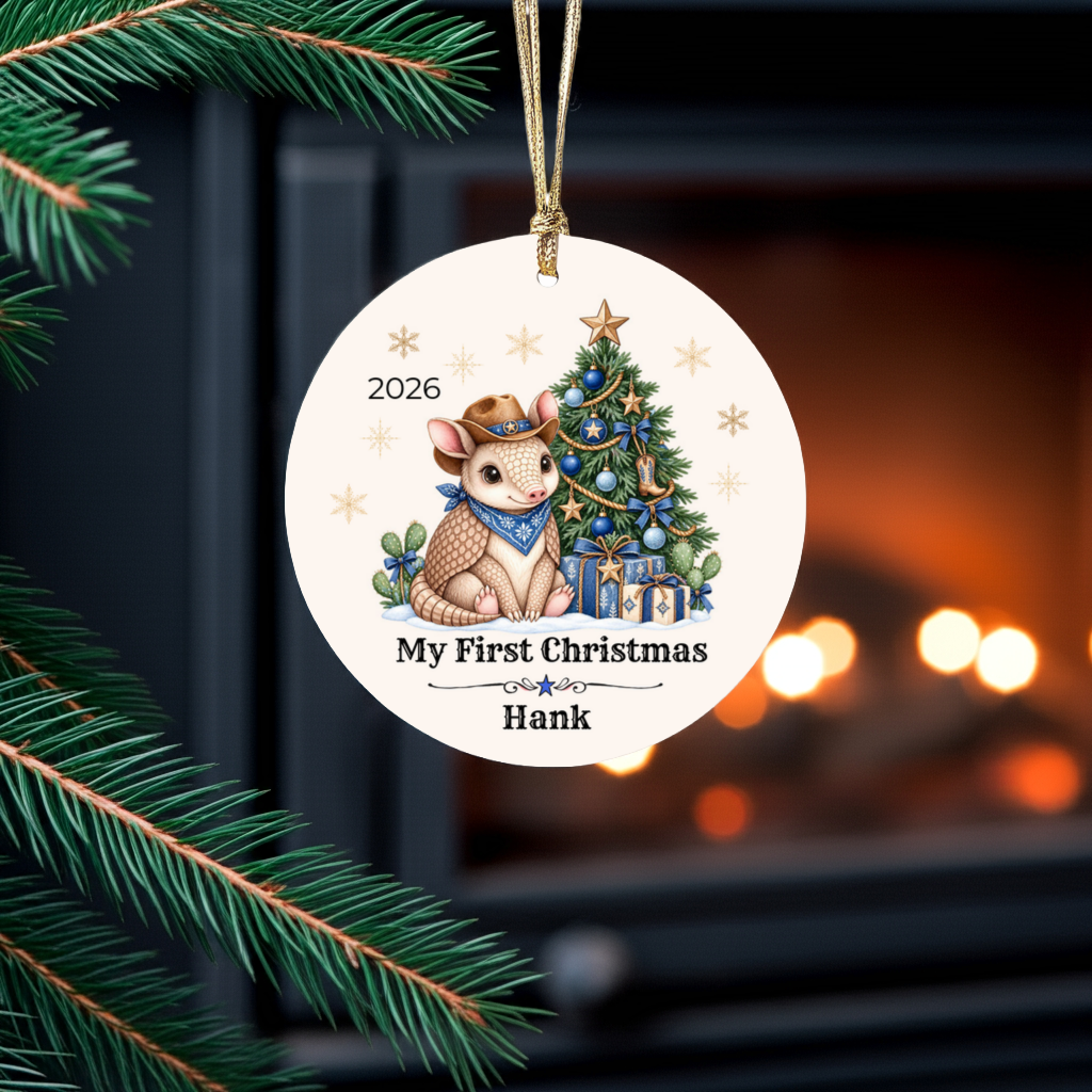 Personalized Baby Armadillo Christmas Ornament, Baby's First Christmas, Western Cowboy Cowgirl Baby Gift, Custom Name Year, Blue or Pink