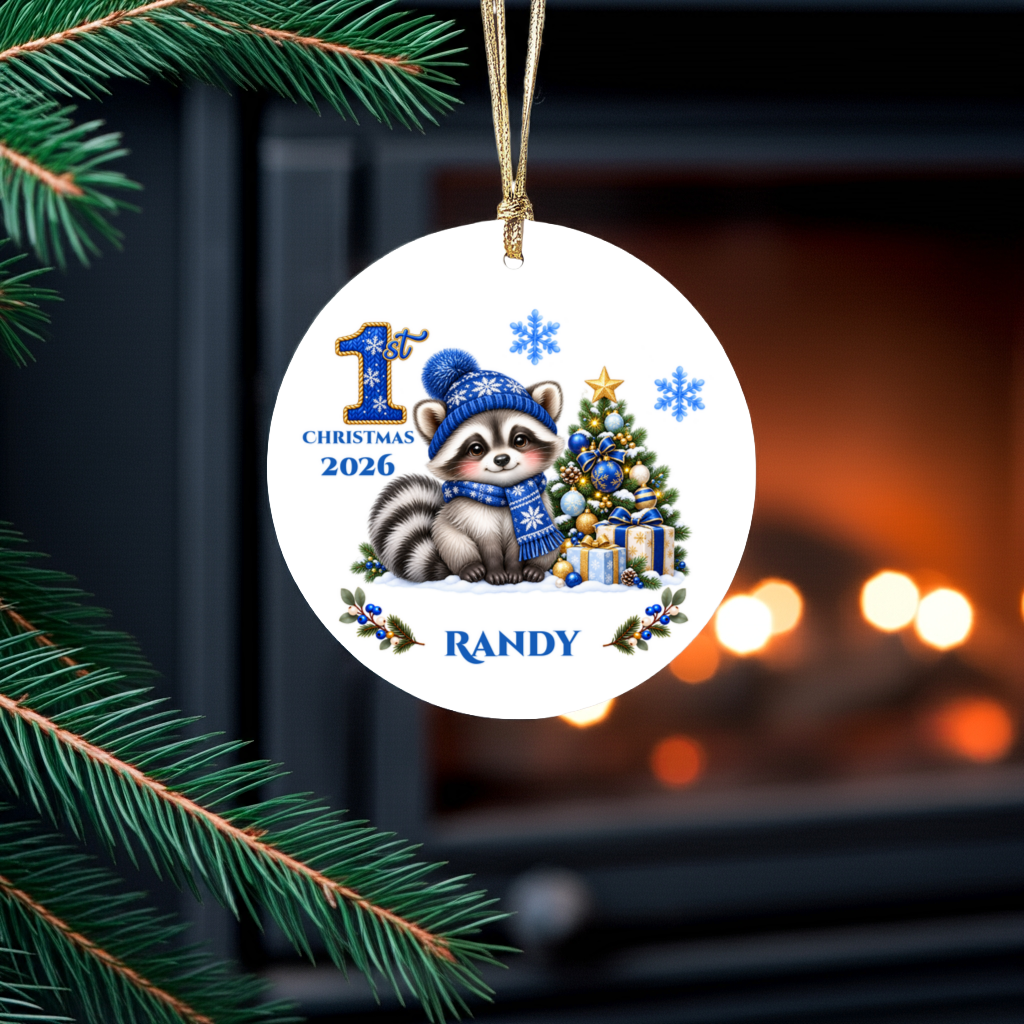 Christmas Raccoon Ornament, Woodland Animal Holiday Decor, Blue Winter Tree Ornament, Cute Wildlife Gift, Ceramic Tree Decoration 3 Inch
