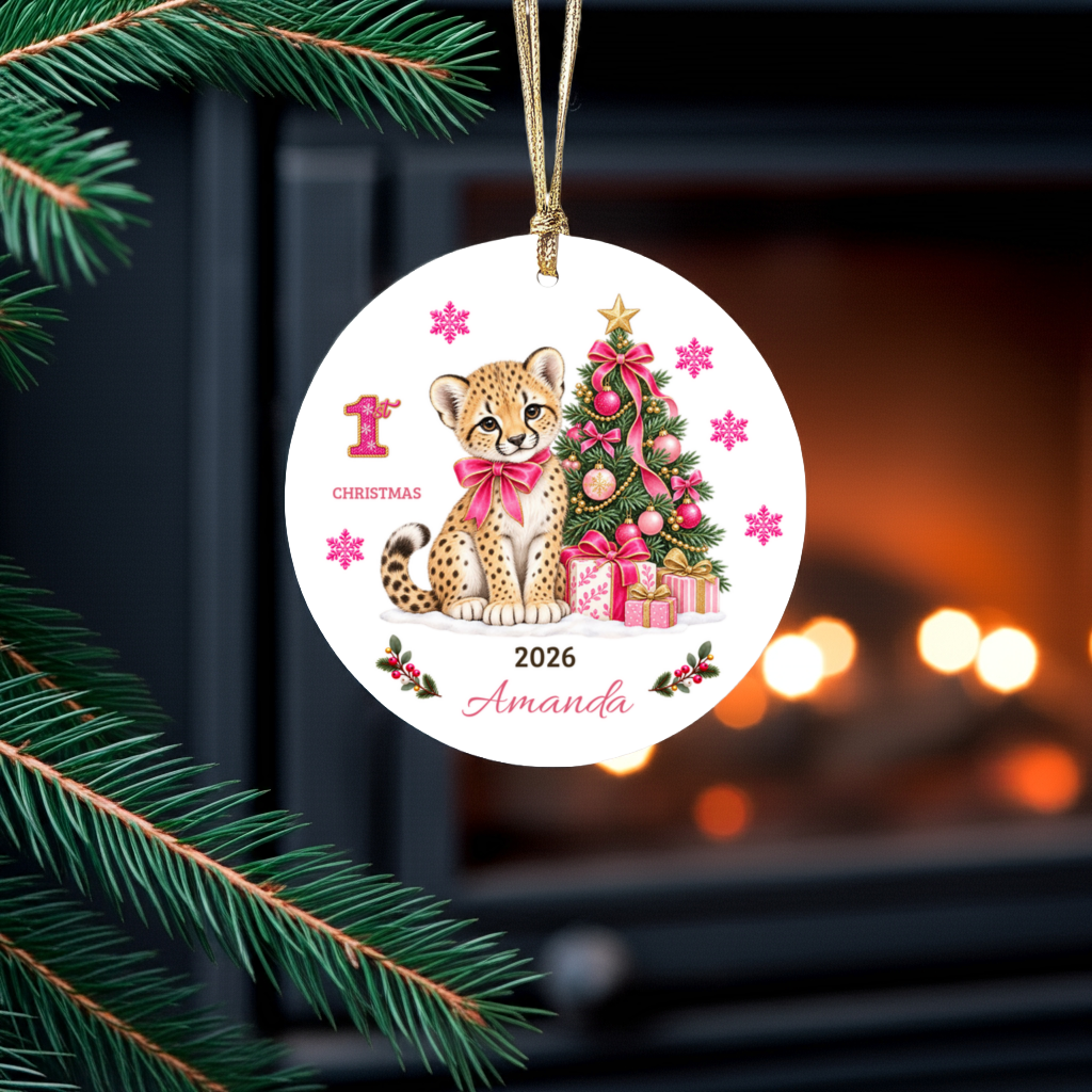 Personalized Baby Girl Cheetah Christmas Ornament, Baby's First Christmas, 1st–10th Year Keepsake, Custom Name and Year, Pink or Blue