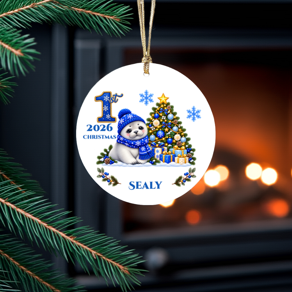 Seal Pup Personalized Baby's 1st 2nd 3rd Christmas Ceramic Keepsake Ornament, Custom Name Year, Boy Gift