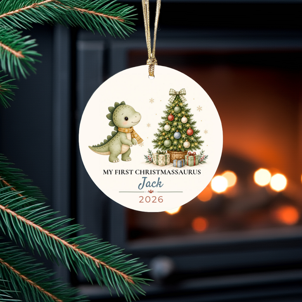 Personalized Dinosaur Christmas Ornament, Baby Boy 1st 2nd 3rd Christmas, Custom Name Year, Christmassaurus Ceramic Keepsake