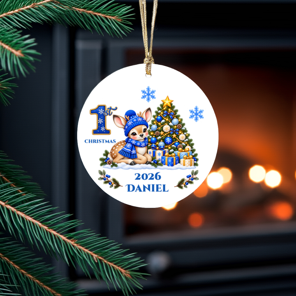 Fawn Baby Personalized Christmas Ornament, Baby's 1st 2nd 3rd Christmas, Custom Name Year Ceramic Keepsake, Boy or Girl Gift