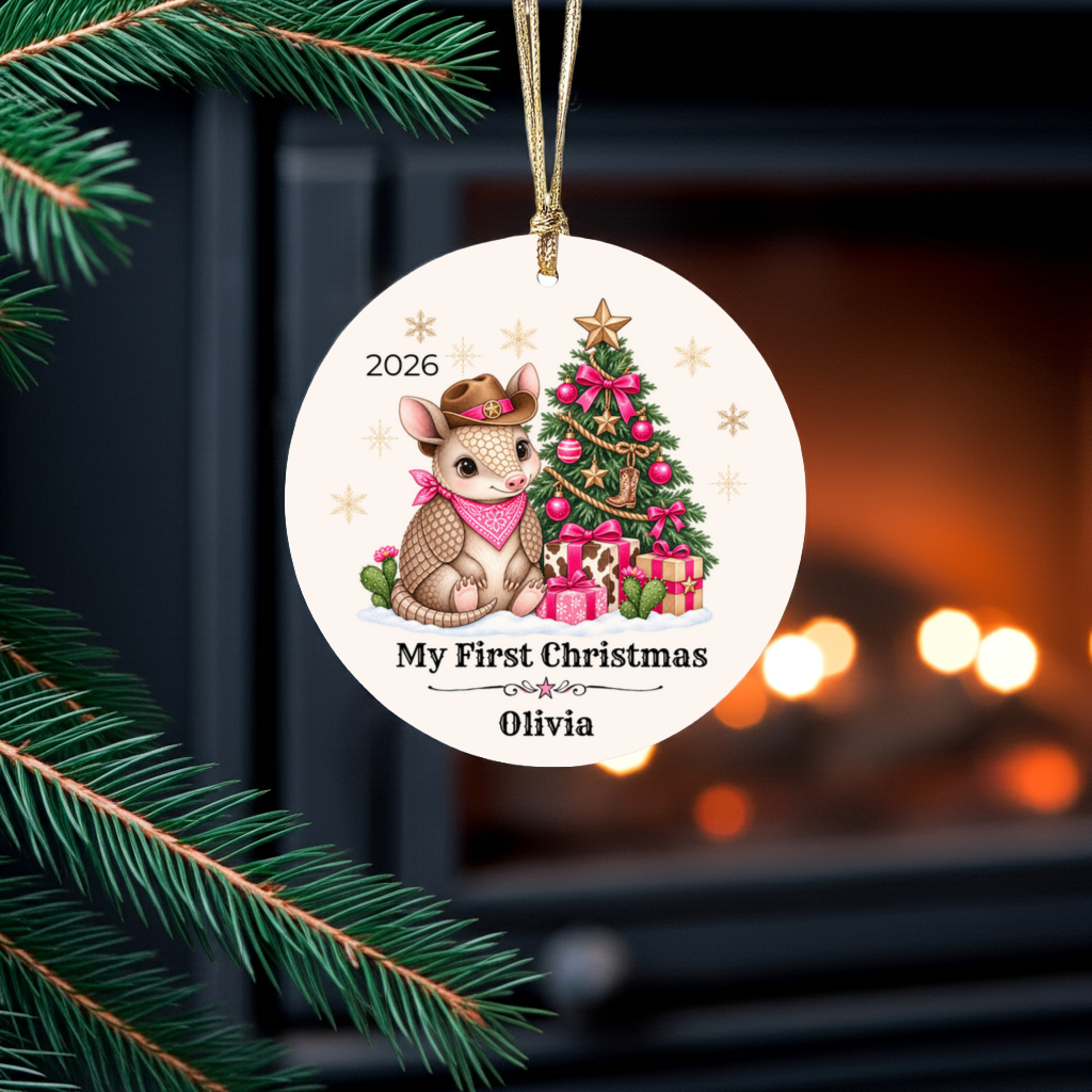 Personalized Baby Armadillo Christmas Ornament, Baby's First Christmas, Western Cowboy Cowgirl Baby Gift, Custom Name Year, Blue or Pink