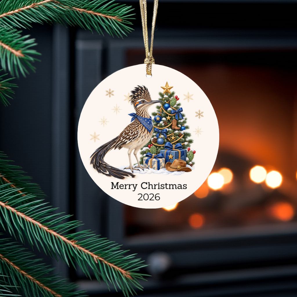Personalized Roadrunner Christmas Ornament, Western Cowboy Cowgirl Decor, Blue or Pink, Custom Text and Year, Southwest Christmas Gift