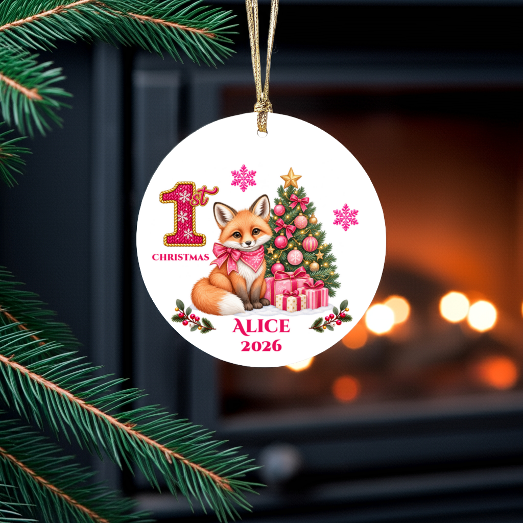 Fox Baby Personalized Christmas Ornament, Baby's 1st 2nd 3rd Christmas, Custom Name Year Ceramic Keepsake