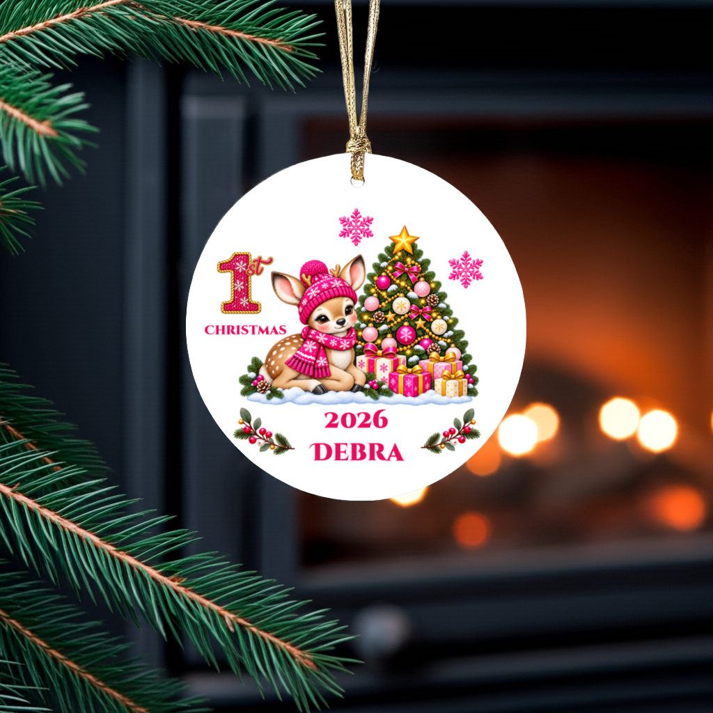 Fawn Baby Personalized Christmas Ornament, Baby's 1st 2nd 3rd Christmas, Custom Name Year Ceramic Keepsake, Boy or Girl Gift