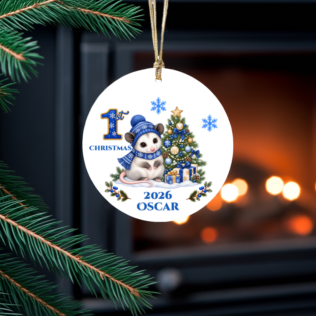 Opossum Baby Personalized Christmas Ornament, Baby's 1st 2nd 3rd Christmas, Custom Name Year Ceramic Keepsake, Boy Gift