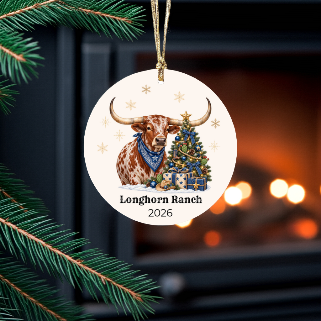 Personalized Longhorn Christmas Ornament, Western Cowboy Ceramic Ornament, Custom Name and Year