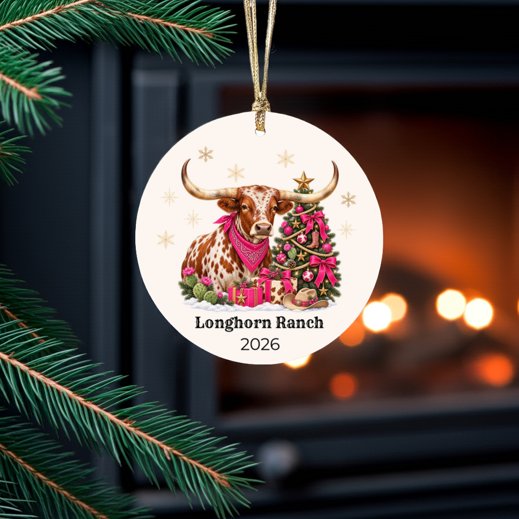 Personalized Longhorn Christmas Ornament, Western Cowboy Ceramic Ornament, Custom Name and Year