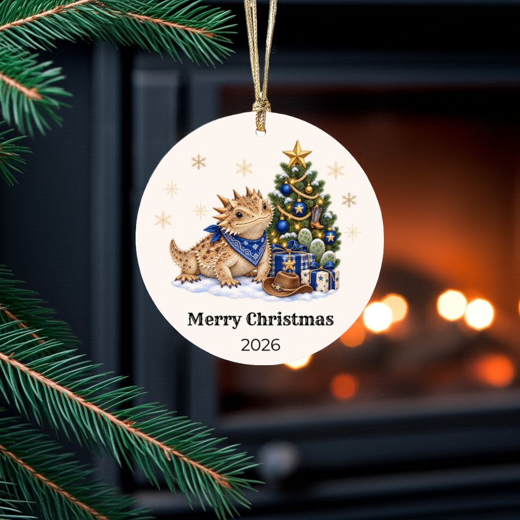 Personalized Horny Toad Christmas Ornament, Texas Horned Lizard, Western Cowboy Cowgirl Decor, Blue or Pink, Custom Name Year Gift