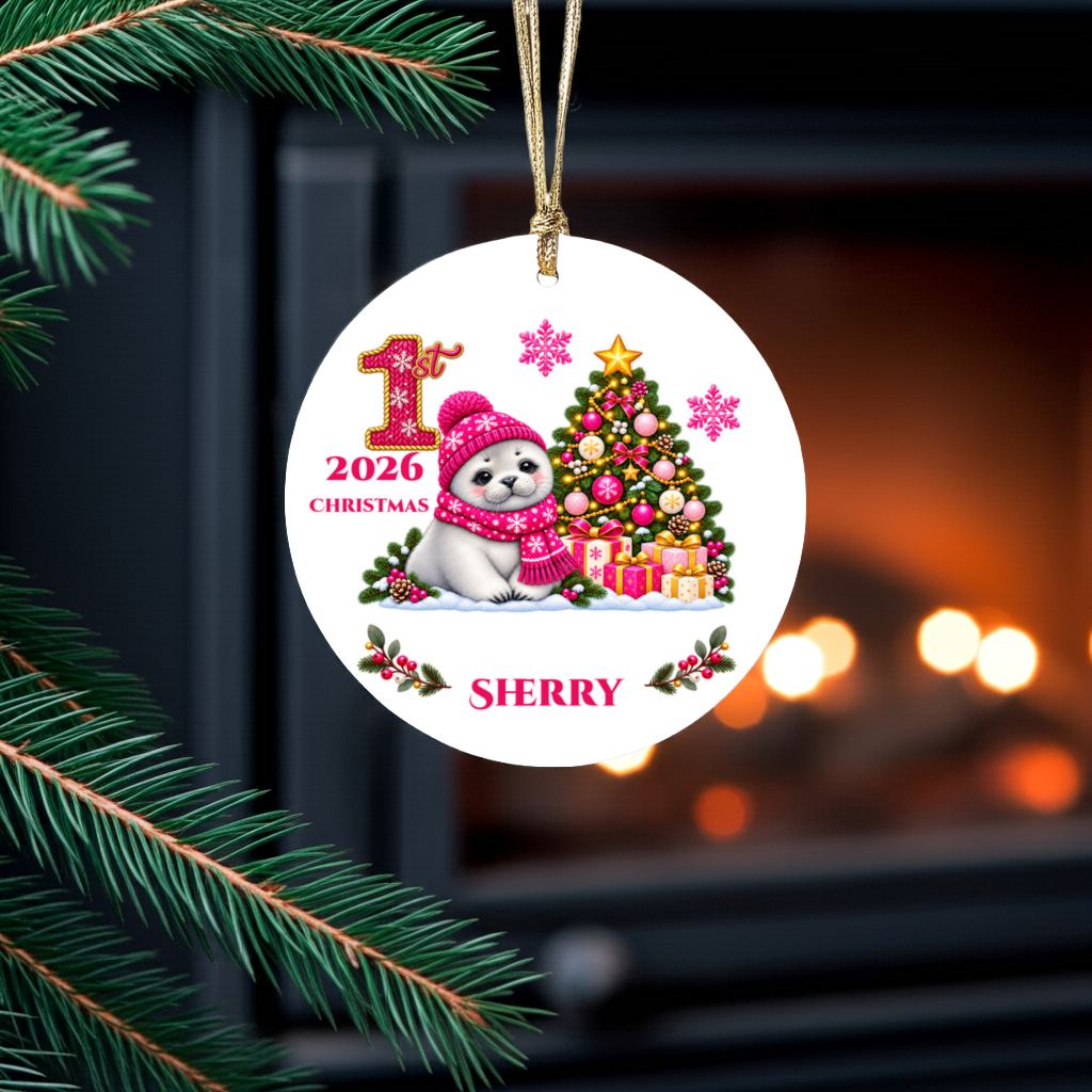 Baby Seal Pup Personalized Christmas Ornament, Custom Name Year Ceramic Keepsake, Baby’s 1st 2nd 3rd Christmas, Girl Gift