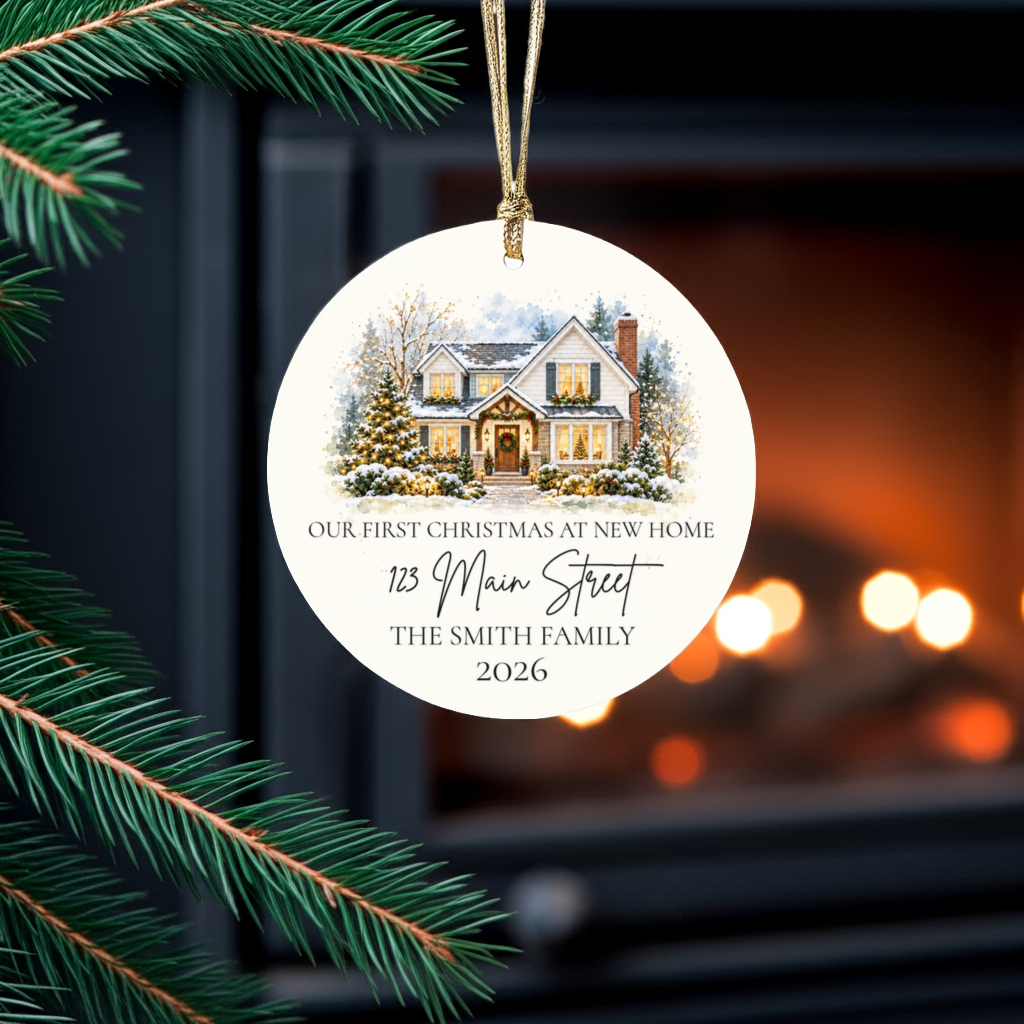 Custom House Photo Christmas Ornament, Personalized First Christmas in New Home, Watercolor House Portrait, Address Family Name Ceramic Gift