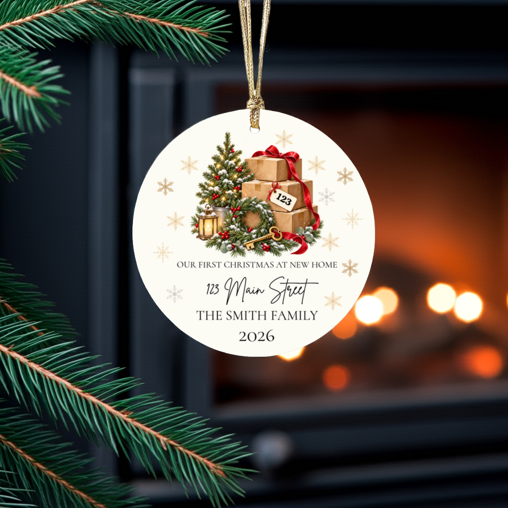 Personalized First Christmas in New Home Ornament, Custom Address Christmas Decoration, Moving Boxes Ornament, New Homeowner Housewarming Gift