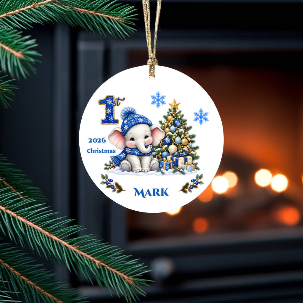 Elephant Baby Personalized Christmas Ornament Blue, Baby's 1st 2nd 3rd Christmas, Custom Name Year Ceramic Keepsake, Girl Gift