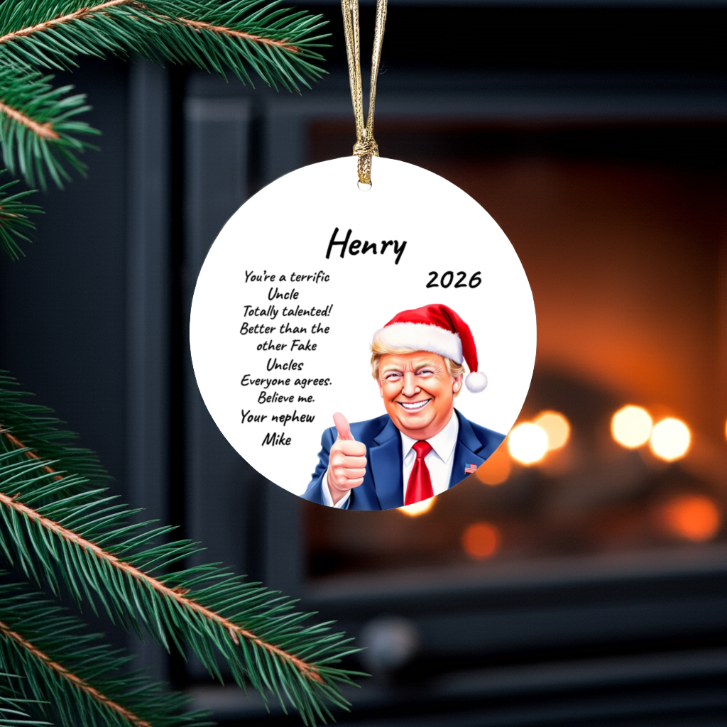 Personalized Trump Christmas Ornament, Funny Santa Hat Trump Gift, Custom Name Year and Relationship, 3 Inch Ceramic Holiday Keepsake