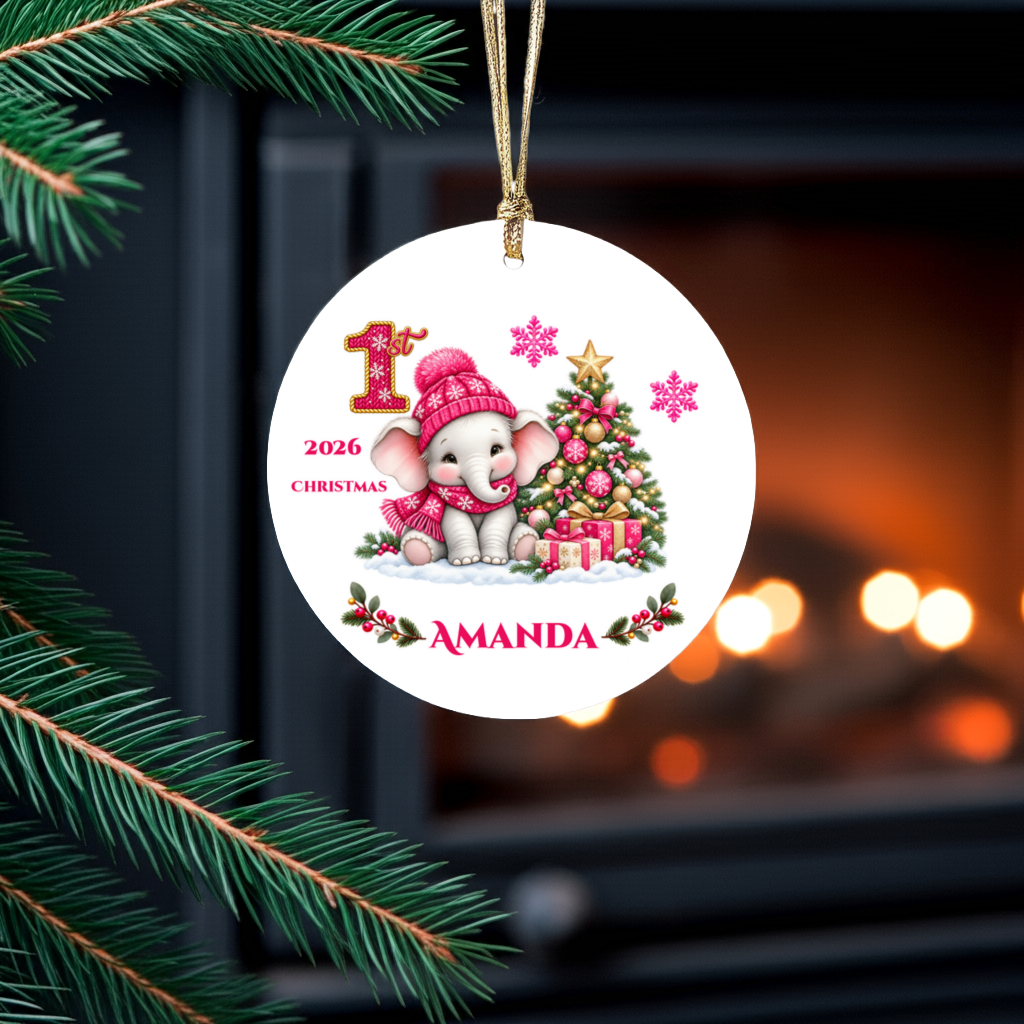 Elephant Baby Personalized Christmas Ornament Pink, Baby's 1st 2nd 3rd Christmas, Custom Name Year Ceramic Keepsake, Girl Gift