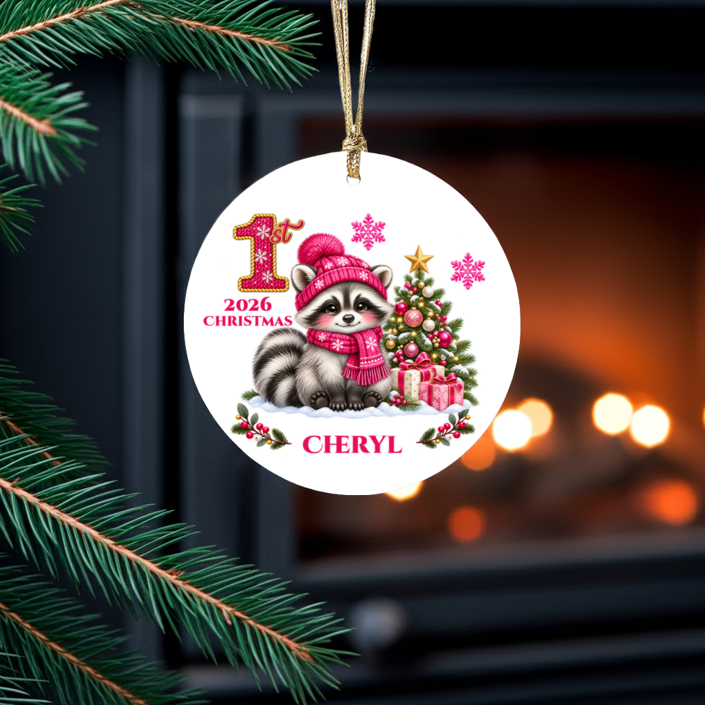 Baby Raccoon Personalized Christmas Ornament, First Christmas Keepsake, Pink Winter Animal Ceramic Tree Decoration, New Baby Gift 2026