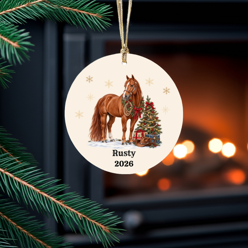Personalized Horse Christmas Ornament, Custom Horse Photo Portrait, Western Cowboy Ceramic Ornament, Horse Name and Year, Equestrian Gift