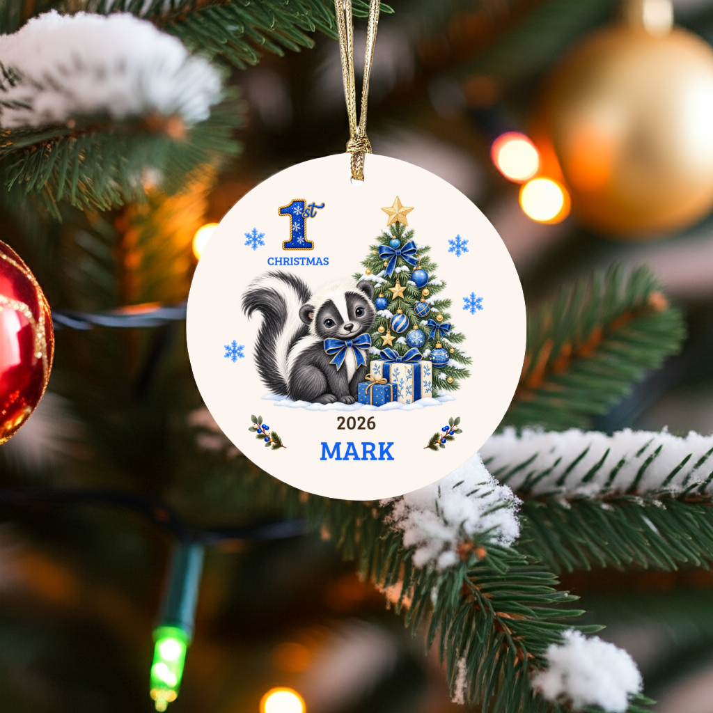 Personalized Baby Skunk Christmas Ornament, Baby's First Christmas, 1st–10th Christmas Keepsake, Custom Name and Year, Pink or Blue