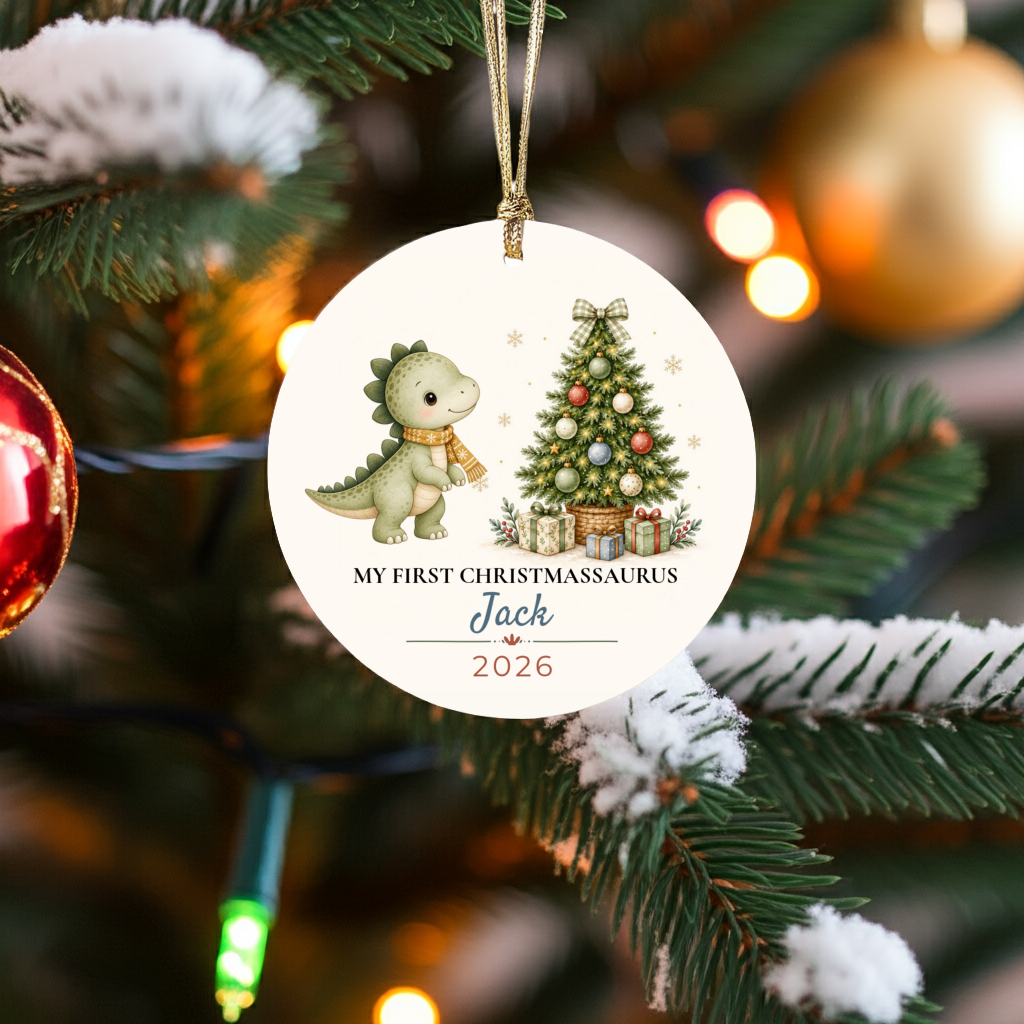 Personalized Dinosaur Christmas Ornament, Baby Boy 1st 2nd 3rd Christmas, Custom Name Year, Christmassaurus Ceramic Keepsake