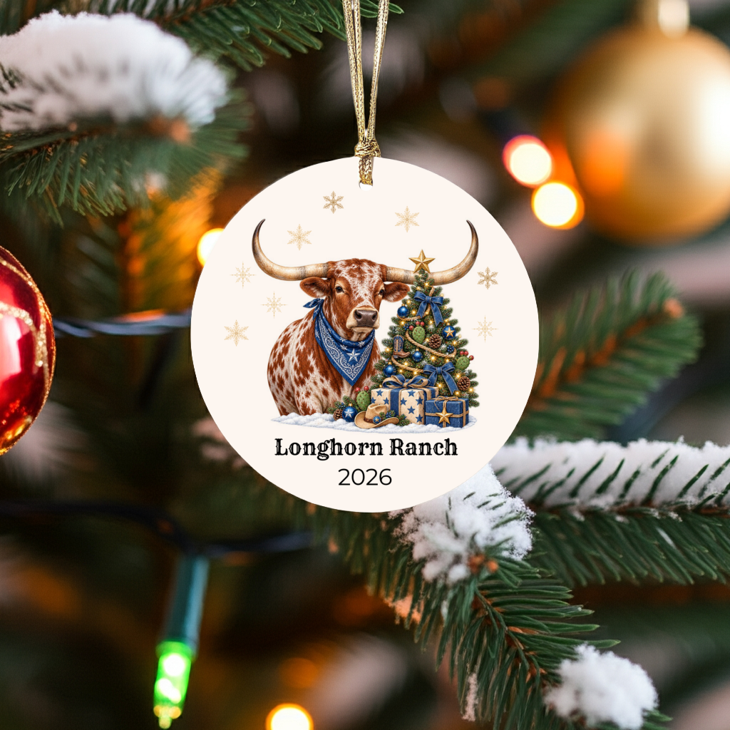 Personalized Longhorn Christmas Ornament, Western Cowboy Ceramic Ornament, Custom Name and Year