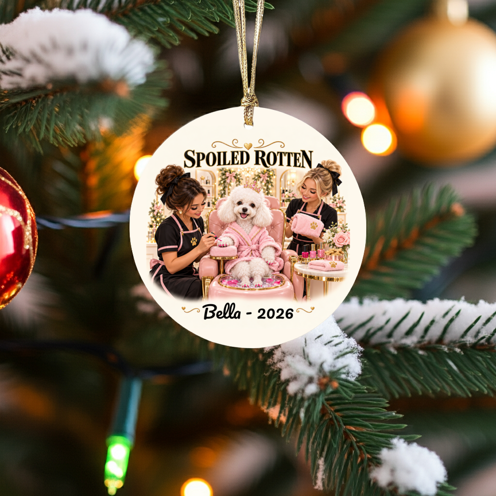 Personalized Pet Photo Christmas Ornament, Spoiled Rotten Dog Spa Ornament, Custom Dog or Cat Gift, Pet Name and Year, Ceramic Keepsake