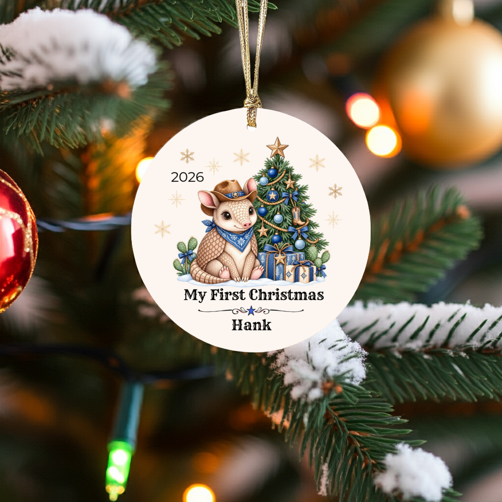 Personalized Baby Armadillo Christmas Ornament, Baby's First Christmas, Western Cowboy Cowgirl Baby Gift, Custom Name Year, Blue or Pink