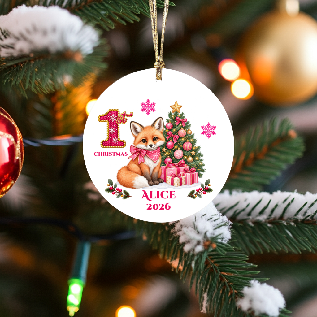 Fox Baby Personalized Christmas Ornament, Baby's 1st 2nd 3rd Christmas, Custom Name Year Ceramic Keepsake