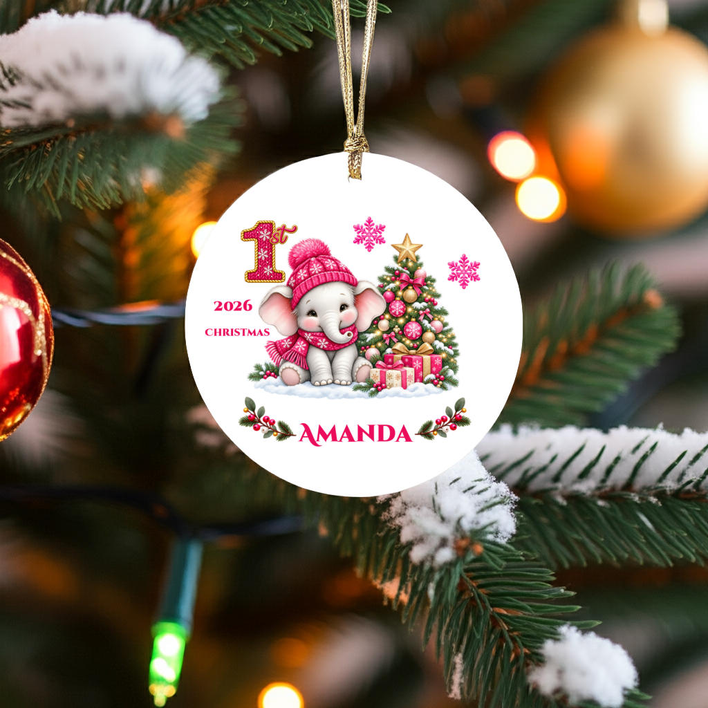 Elephant Baby Personalized Christmas Ornament Pink, Baby's 1st 2nd 3rd Christmas, Custom Name Year Ceramic Keepsake, Girl Gift