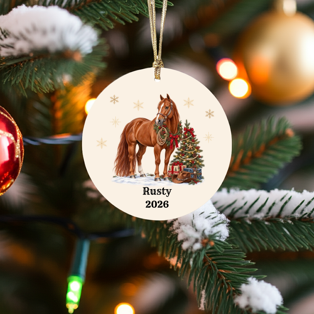 Personalized Horse Christmas Ornament, Custom Horse Photo Portrait, Western Cowboy Ceramic Ornament, Horse Name and Year, Equestrian Gift