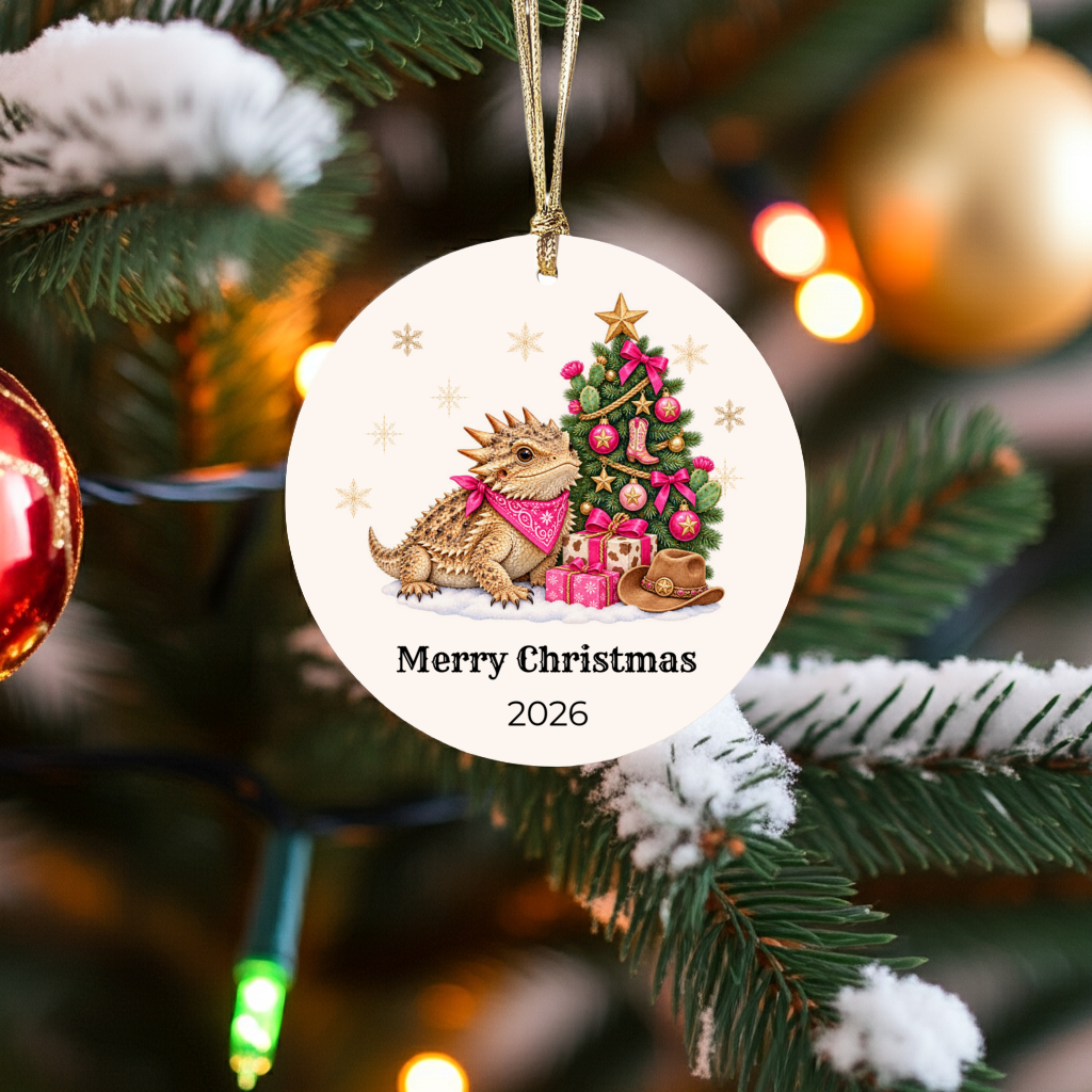 Personalized Horny Toad Christmas Ornament, Texas Horned Lizard, Western Cowboy Cowgirl Decor, Blue or Pink, Custom Name Year Gift