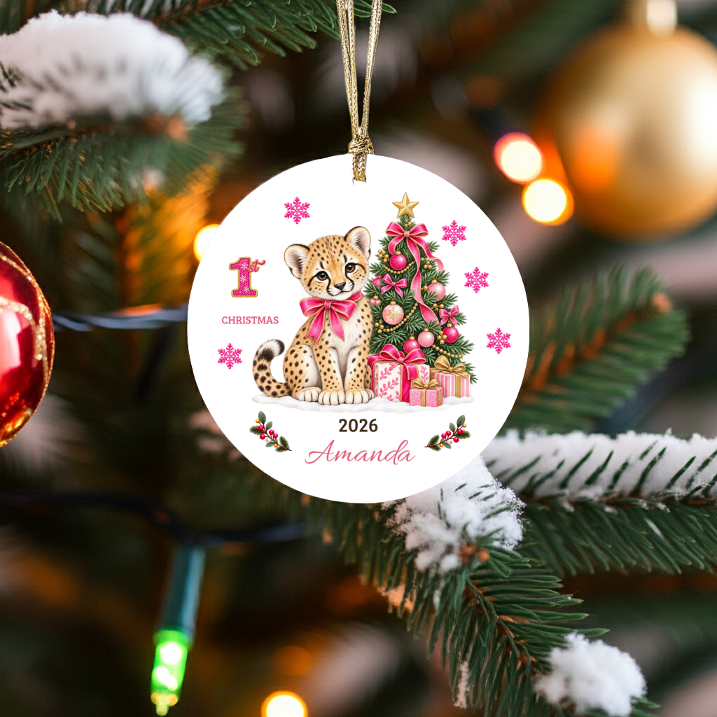 Personalized Baby Girl Cheetah Christmas Ornament, Baby's First Christmas, 1st–10th Year Keepsake, Custom Name and Year, Pink or Blue