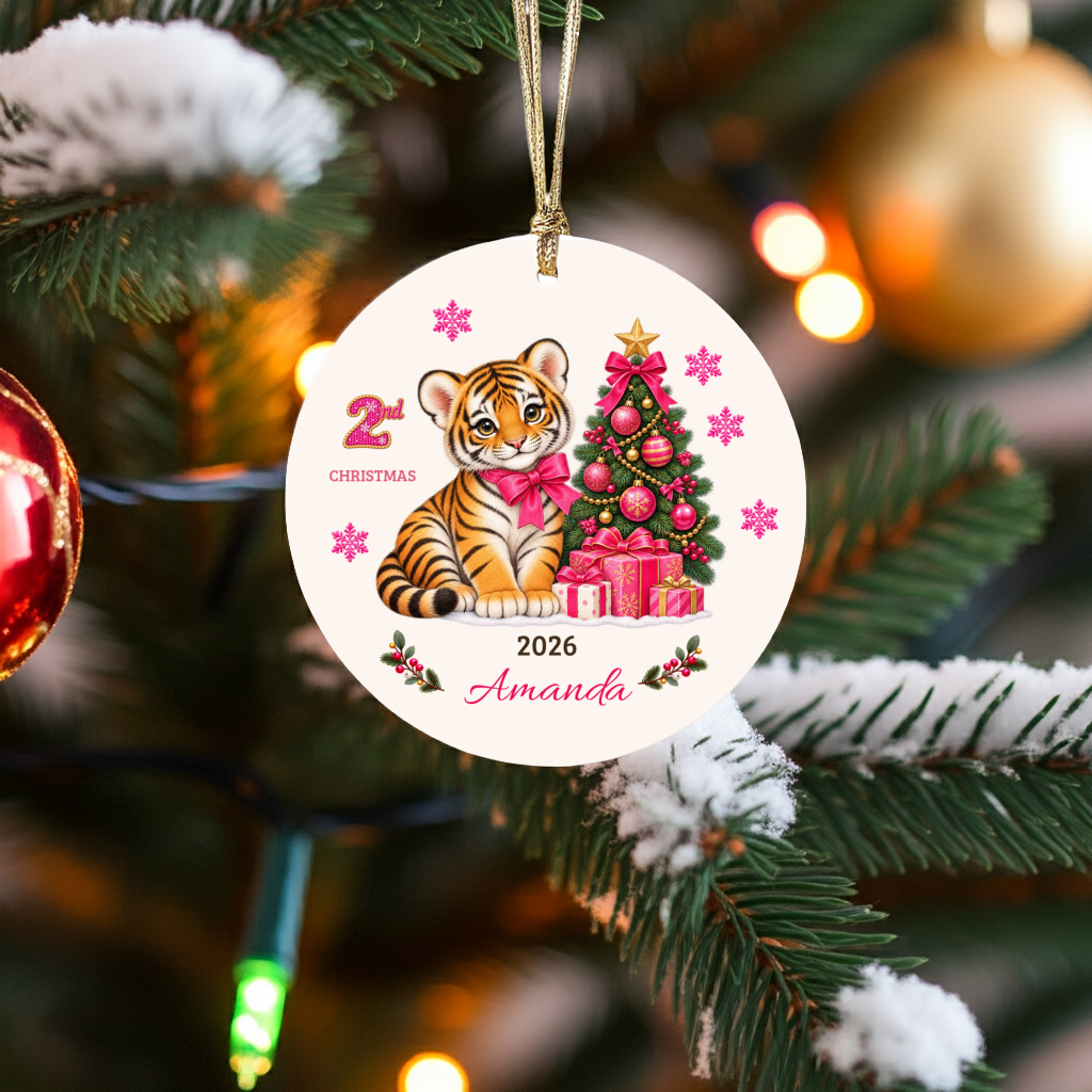 Personalized Baby Tiger Christmas Ornament, Baby's 1st to 10th Christmas Keepsake, Custom Name and Year, Pink or Blue, Ceramic Gift
