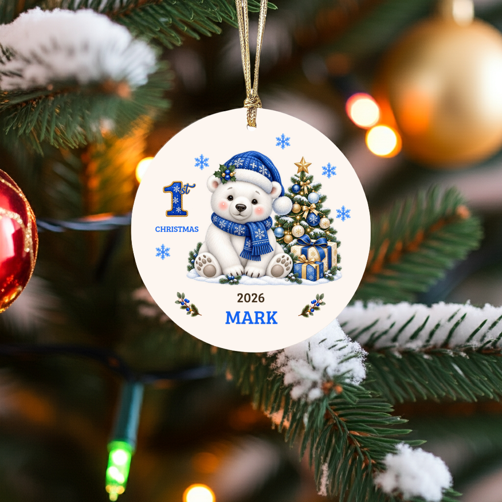 Personalized Baby Polar Bear Christmas Ornament, Baby's First Christmas, 1st–10th Christmas Keepsake, Custom Name and Year, Pink or Blue