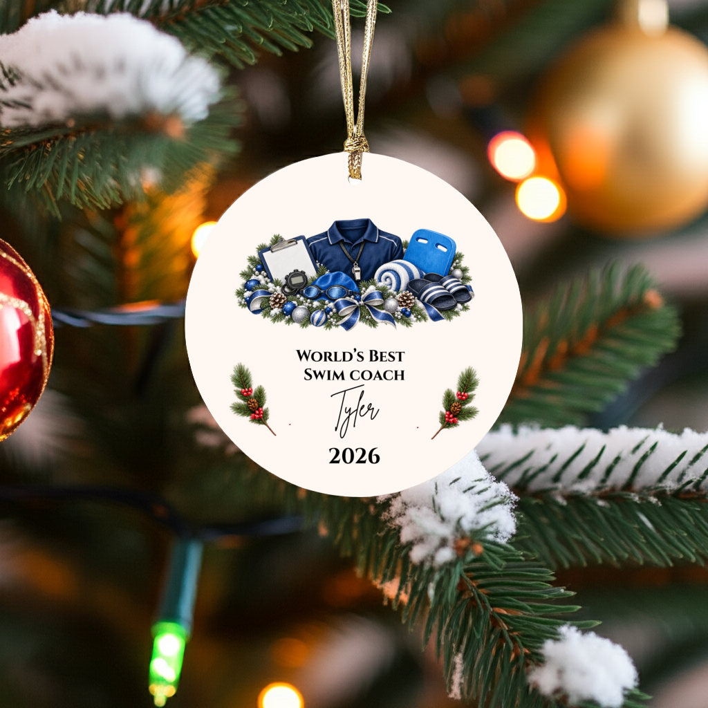 Personalized Swim Coach Ornament, Swimming Coach Christmas Gift, Custom Coach Appreciation Keepsake, Swim Team Gift, Name and Year