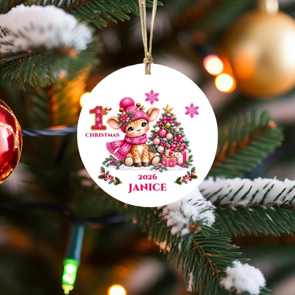 Giraffe Baby Personalized Christmas Ornament, Baby's 1st 2nd 3rd Christmas, Custom Name Year Ceramic Keepsake, Boy or Girl Gift