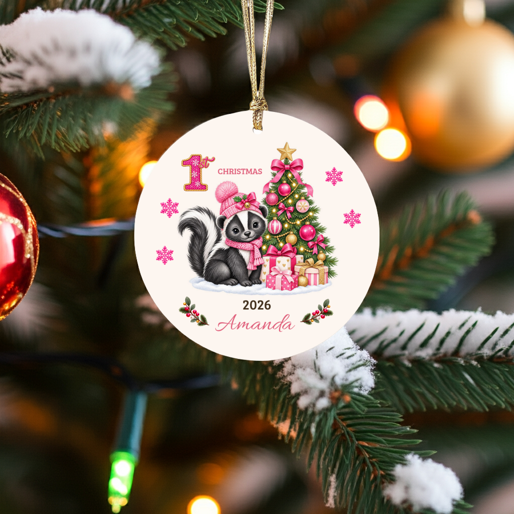 Personalized Baby Skunk Christmas Ornament, Baby's First Christmas, 1st–10th Christmas Keepsake, Custom Name and Year, Pink or Blue