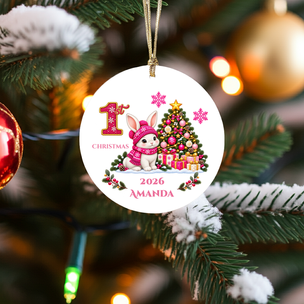 Baby Bunny Personalized Christmas Ornament. Baby's 1st 2nd 3rd Christmas, Custom Name Year Ceramic Keepsake, Girl Gift