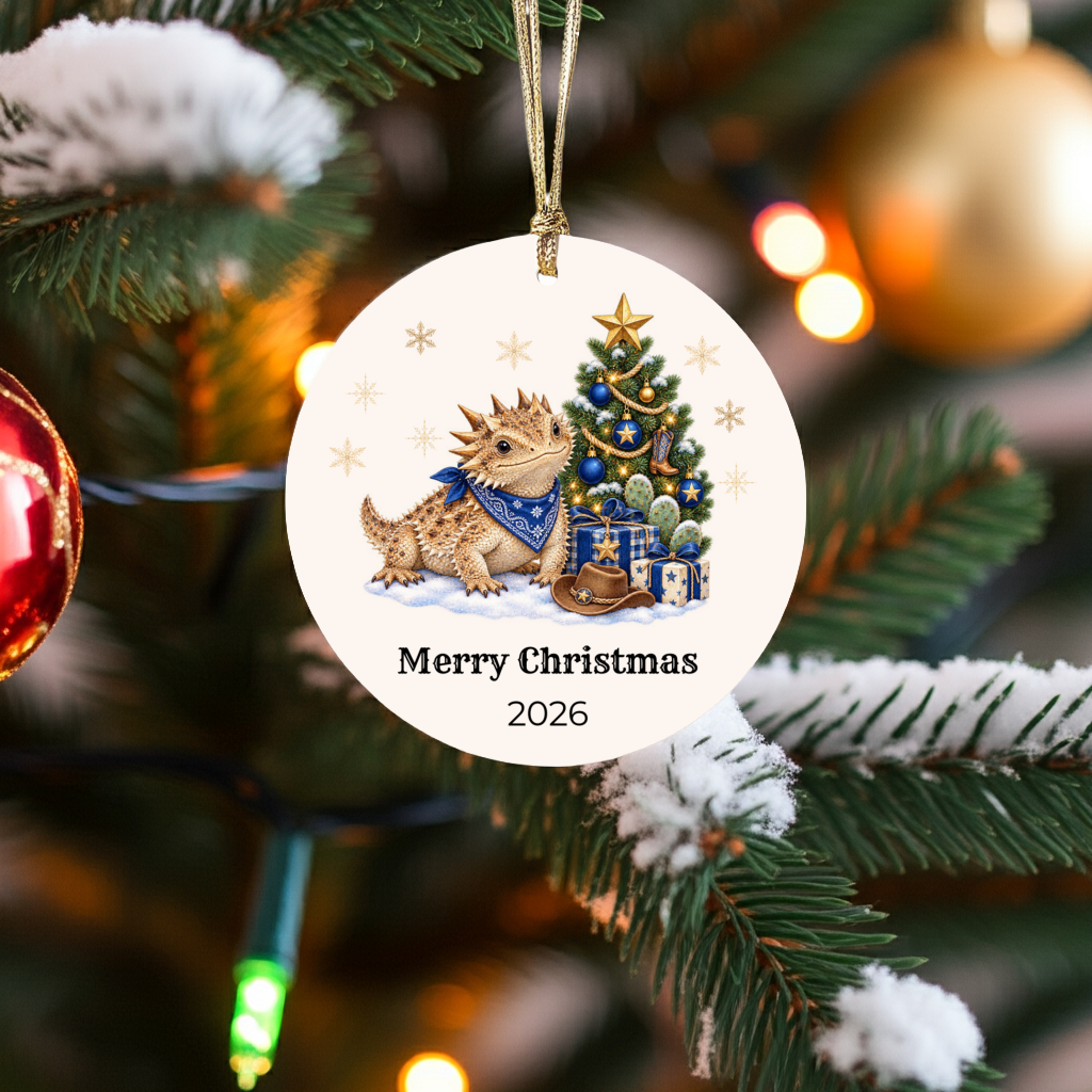 Personalized Horny Toad Christmas Ornament, Texas Horned Lizard, Western Cowboy Cowgirl Decor, Blue or Pink, Custom Name Year Gift