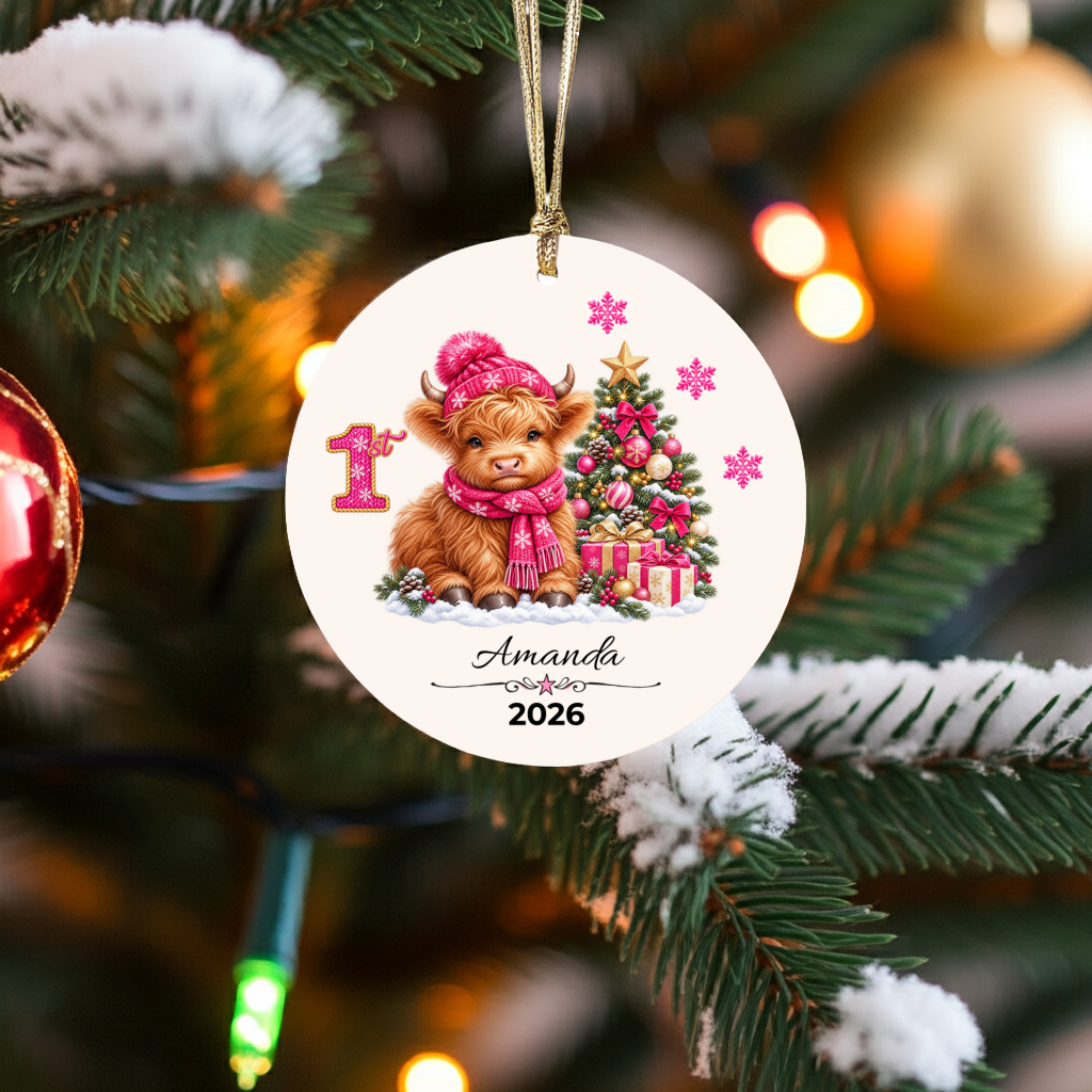 Personalized Christmas Ornament – Pink Girl Highland Cow First, Second, Third Christmas 2026, Custom Name Keepsake, 3 Inch Ceramic Holiday Decor