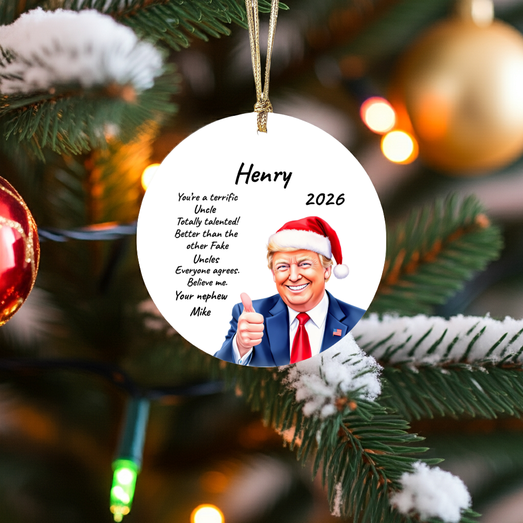 Personalized Trump Christmas Ornament, Funny Santa Hat Trump Gift, Custom Name Year and Relationship, 3 Inch Ceramic Holiday Keepsake