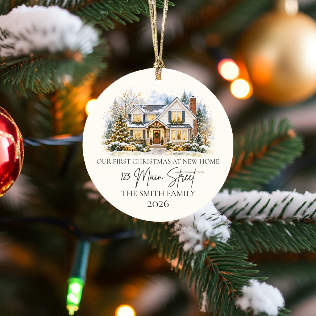 Custom House Photo Christmas Ornament, Personalized First Christmas in New Home, Watercolor House Portrait, Address Family Name Ceramic Gift